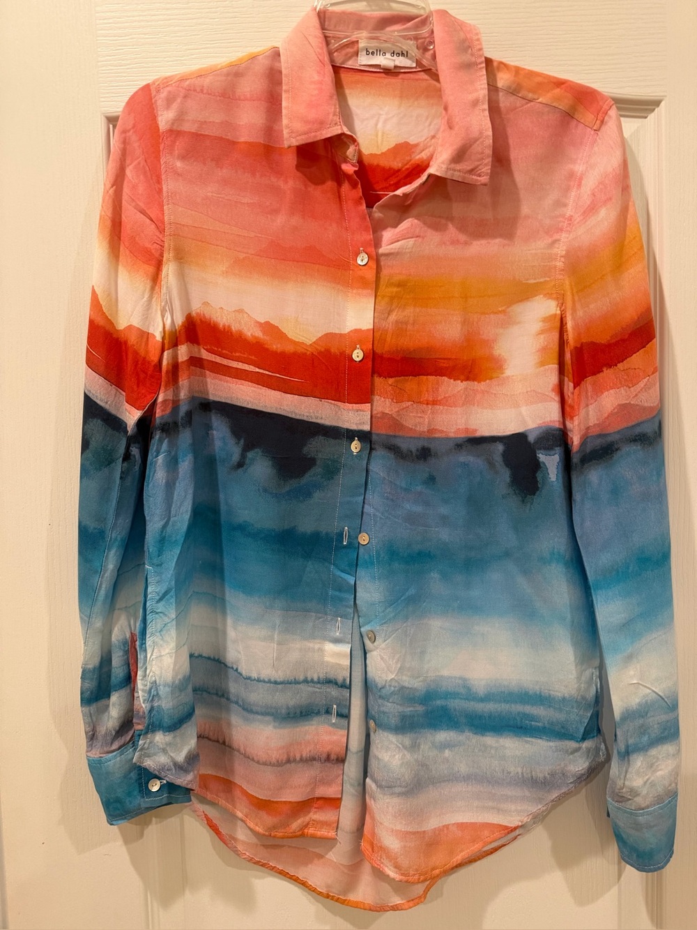Bella Dahl Coral, Orange and Blue Watercolor Stripe Button-Down Shirt